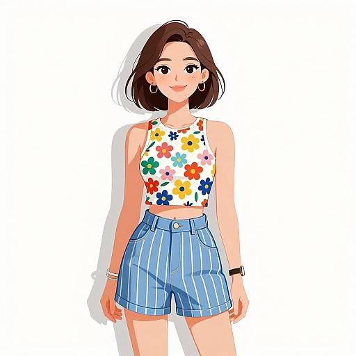 Digital illustration of a smiling young woman with short brown hair, wearing a floral crop top and blue striped high-waisted shorts.