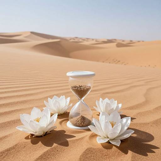 Photograph of a clear glass hourglass with sand, surrounded by three white lotus flowers, on sunlit golden sand dunes.