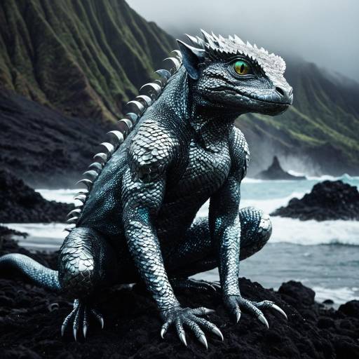 Hyper-realistic Anthropomorphic Lizard Creature in Volcanic Hawaiian Landscape