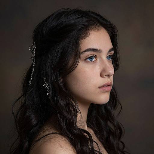 Photograph of a fair-skinned woman with long, wavy black hair, blue eyes, and delicate silver hairpiece, against a dark, textured