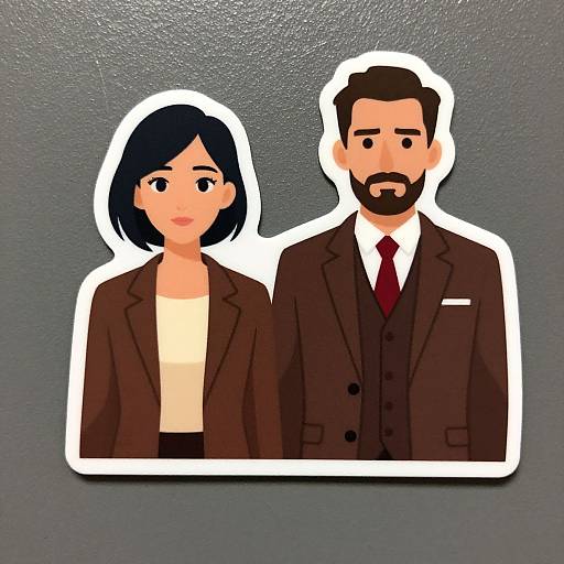Digital illustration of a couple: woman with black bob, brown blazer, white top; man with brown beard, suit, red tie, white shirt