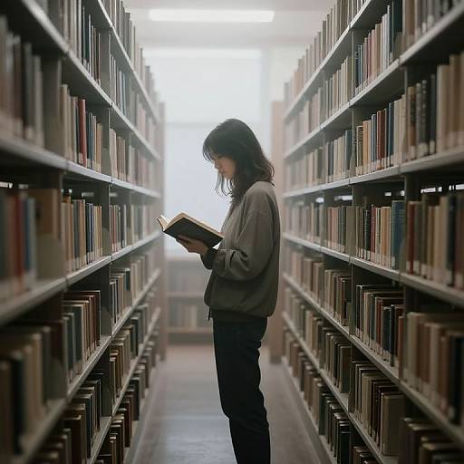 Photograph: A young woman with long dark hair, wearing a gray sweater and black pants, stands in a foggy library aisle, intently reading