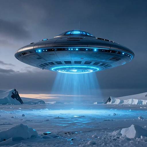 Photorealistic CGI of a glowing blue UFO hovering above an icy, snow-covered landscape with beams of light illuminating the ground.