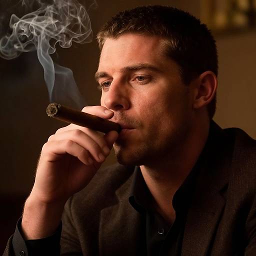 Photograph of a handsome, short-haired man with light skin, smoking a cigar, wearing a dark blazer, against a dimly lit background with
