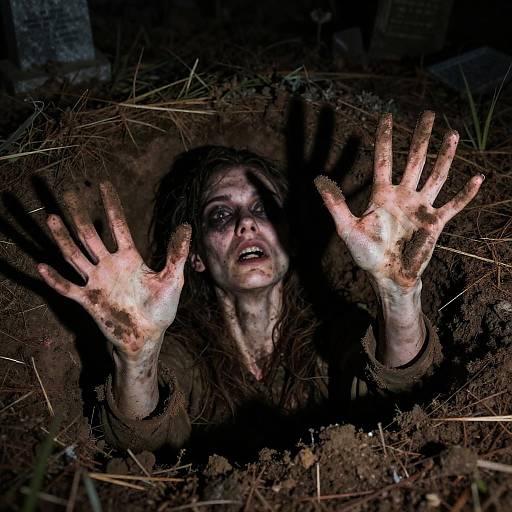 Photograph of a dirty, frightened woman with wild hair and mud-covered hands, screaming and reaching upward from a dark, forested ground.