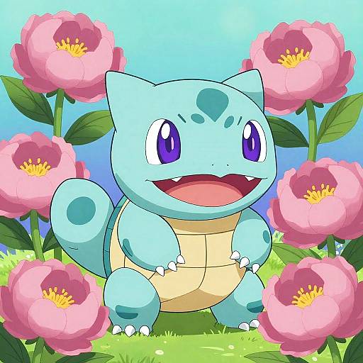 Digital drawing of a happy, blue, dinosaur-like Bulbasaur with purple eyes, surrounded by pink peonies and green leaves, under a blue
