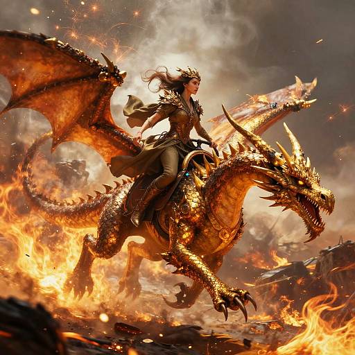 Epic digital painting of a fierce female warrior riding a blazing, golden dragon amidst a fiery, apocalyptic landscape, with intense flames and dramatic clouds in