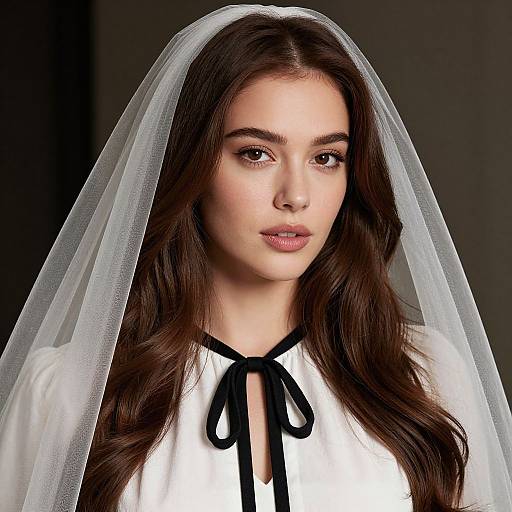 Photograph of a young woman with long brown hair, fair skin, and brown eyes, wearing a white veil and blouse with black ribbon, set against