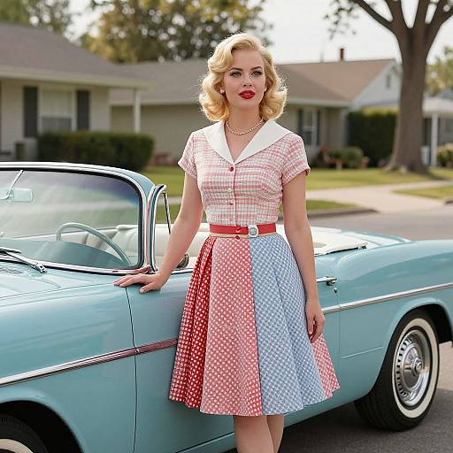 Photograph of a blonde woman with red lipstick, wearing a red and blue gingham dress, standing beside a vintage blue convertible. Suburban background.