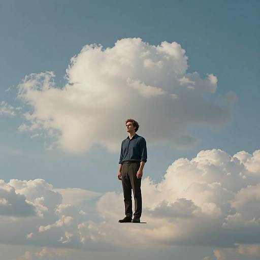 Photograph of a man with curly brown hair, wearing a blue shirt and black pants, standing on a cloud against a bright blue sky with large,