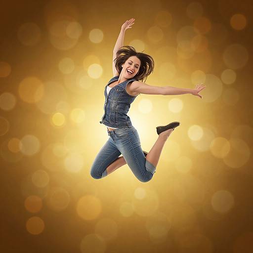 Photograph of a smiling woman with short brown hair, wearing a denim vest and jeans, jumping joyfully against a golden bokeh background.