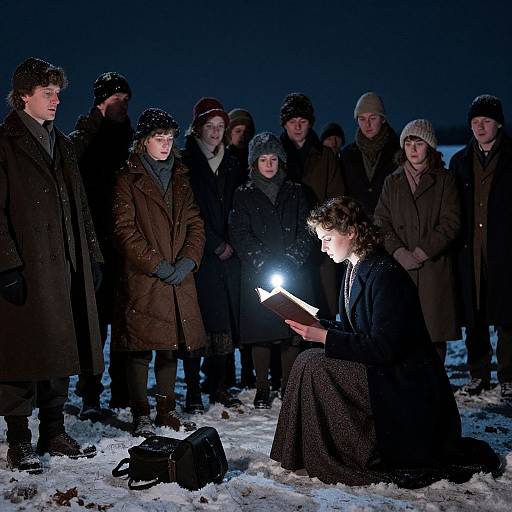 Photograph of a woman with curly hair and a dark coat, kneeling in snow at night, reading a book illuminated by a flashlight, surrounded by warmly
