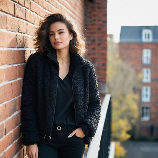 Stylish Woman in Black Fluffy Jacket on Balcony