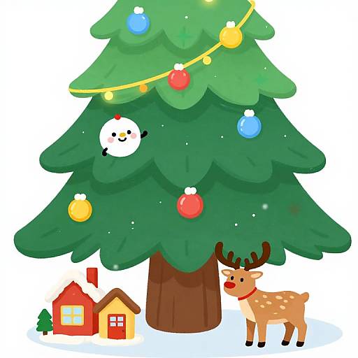 Cartoon Christmas tree with colorful baubles, string lights, and a smiling snowman, accompanied by a reindeer and two houses.