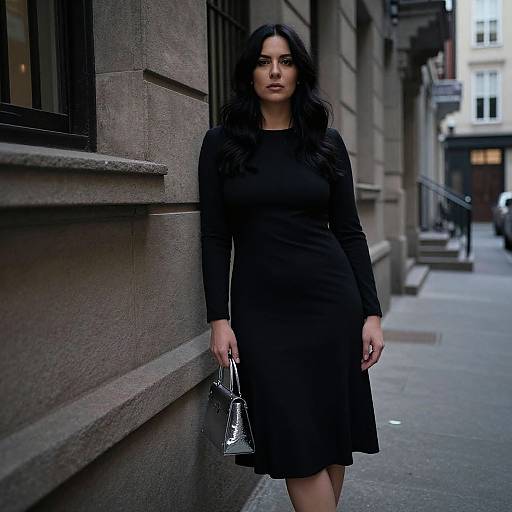 Photograph of a dark-haired woman in a black long-sleeve dress, holding a silver handbag, standing against a stone building on a narrow