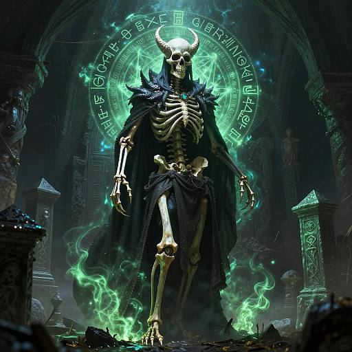 Digital artwork of a skeletal figure with glowing horns, wearing a dark cloak, standing in a ruined, green-illuminated, ancient temple.