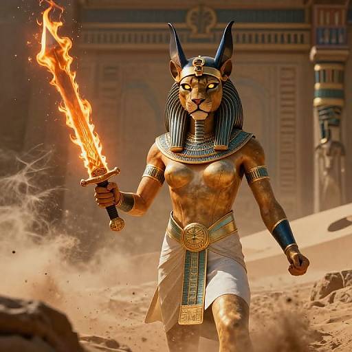 Digital art of an anthropomorphic Anubis warrior with golden fur, blue and gold headdress, white kilt, holding a flaming sword, in