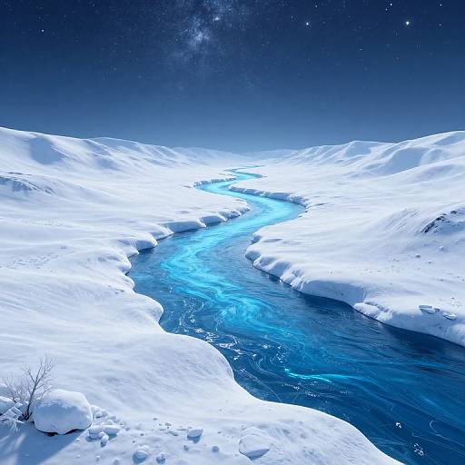 Photorealistic image of a snowy landscape with a glowing blue river winding through, under a starry night sky.