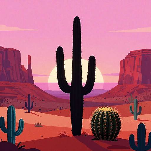 Digital illustration of a desert sunset with a large cactus, smaller cacti, and red rocky mountains in the background. Sun sets behind the mountains