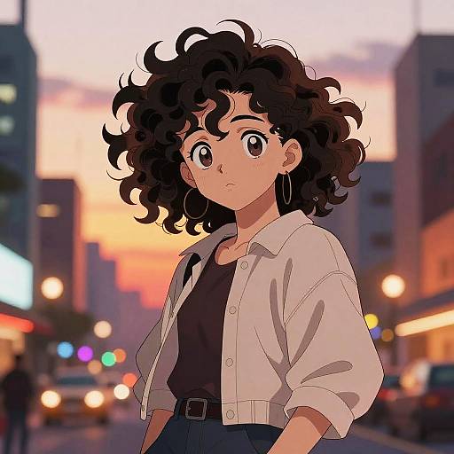 Digital anime-style drawing of a curly-haired woman with large eyes, wearing a white jacket, black shirt, and hoop earrings, standing on a colorful,
