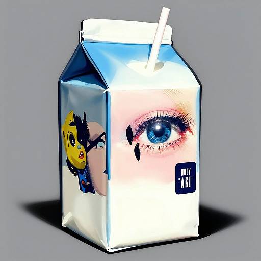 Digital art of a milk carton with a blue-eyed anime girl's face and a Pikachu's face, white background, 
