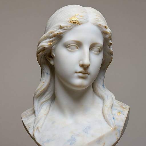 Photograph of a white marble bust of a serene, youthful female figure with wavy hair, featuring subtle gold highlights, against a plain gray background.