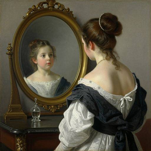 A young woman with fair skin and brown hair in an updo gazes at her reflection in a gold-framed mirror, wearing a white lace dress