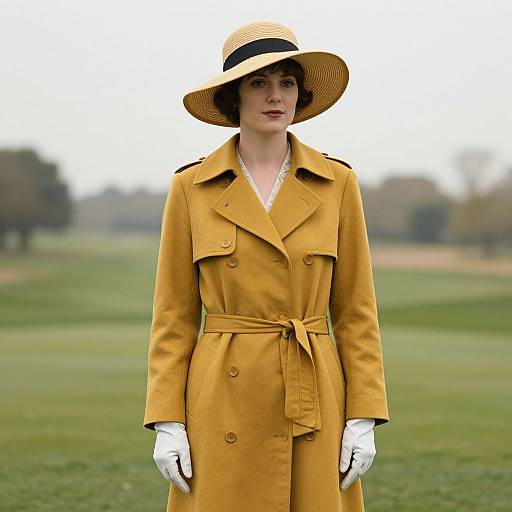 Photograph of a woman in a mustard yellow trench coat, white gloves, and wide-brimmed hat, standing in a green field.