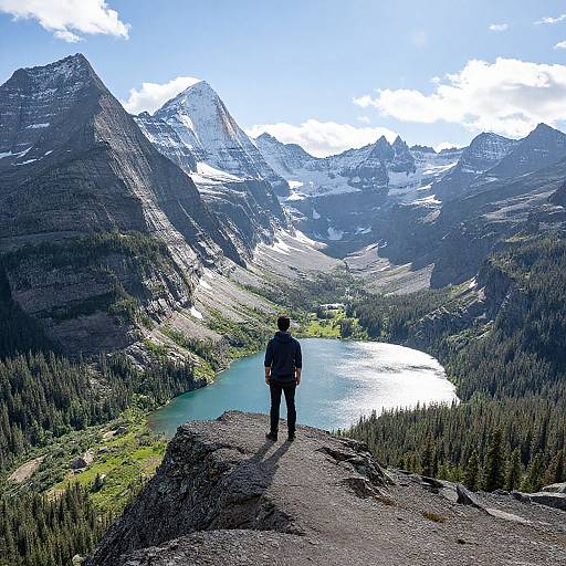 Photograph of a lone hiker in dark clothing standing on a rocky ledge, overlooking a turquoise lake and snow-capped mountains under a bright blue sky