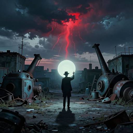 Digital art: Silhouetted figure in hat stands between two rusted tanks, facing full moon, with red lightning striking dark, cloudy sky in