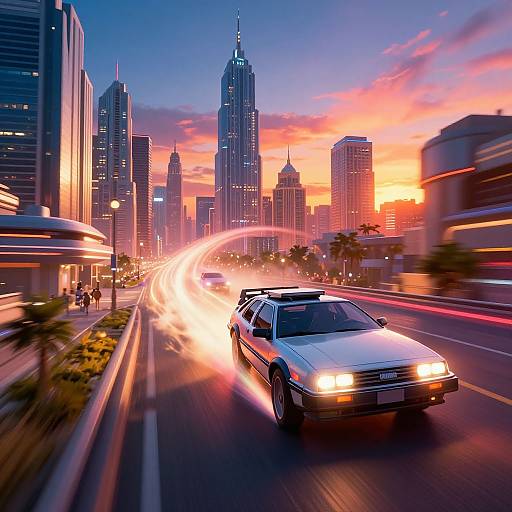 Photograph of a speeding white car in a neon-lit urban sunset, with blurred city lights and skyscrapers in the background.