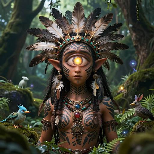 Digital artwork of a tattooed, elf-like woman with glowing eye, feathered headdress, and tribal jewelry, surrounded by forest birds and moss.