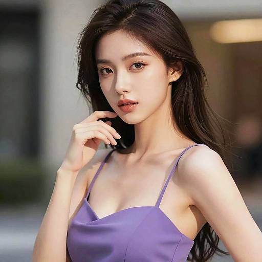 Photograph of an Asian woman with long black hair, wearing a purple spaghetti-strap dress, standing outdoors with a blurred urban background.