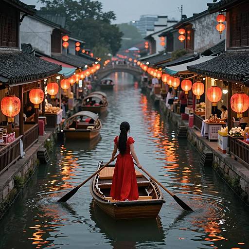 Photograph of a woman in a red dress rowing a boat down a narrow, illuminated canal with lanterns, traditional buildings, and other boats.