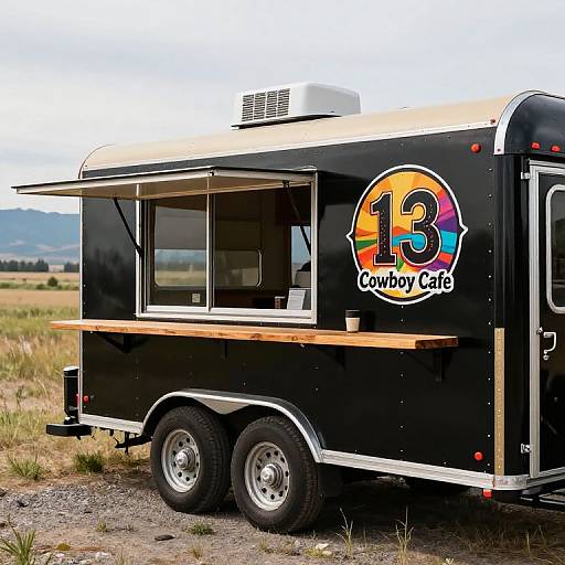 Photograph of a black Cowboy Cafe food truck with colorful logo, wooden serving window, and double rear wheels, parked on a grassy field.
