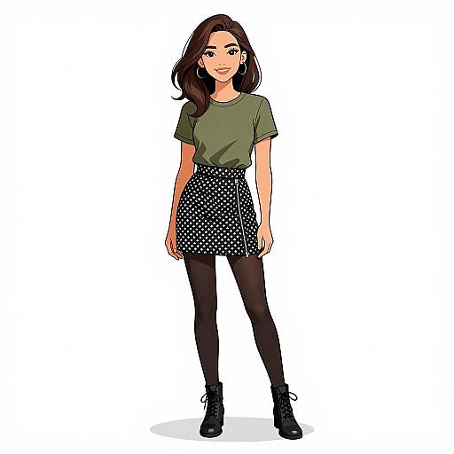Digital illustration of a smiling woman with brown hair, green shirt, black polka dot skirt, black tights, and black boots, standing against a
