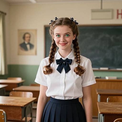 Photograph of a smiling young girl with braided brown hair, wearing a white shirt and navy bow, standing in a classroom with wooden desks, chalk