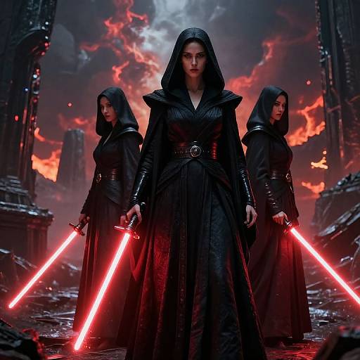 Digital artwork of three dark-robed, hooded women with red lightsabers, standing in a fiery, ruined, sci-fi cityscape. Storm