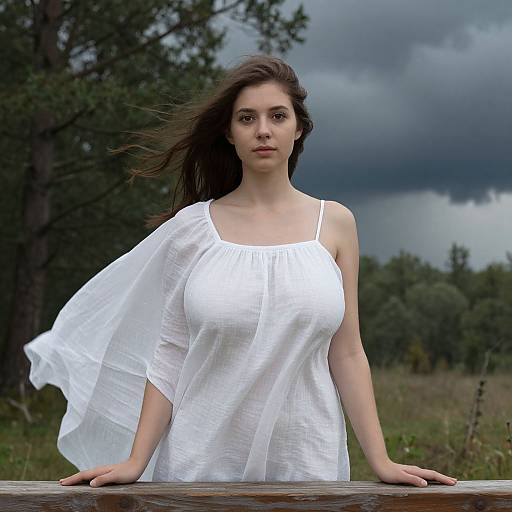 Photograph of a young woman with fair skin, brown hair, and green eyes, wearing a white, flowy, one-shoulder dress,