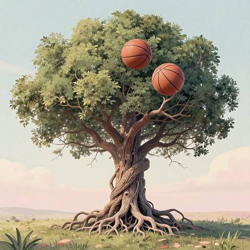 Digital artwork of a tree with twisted trunk, lush green leaves, and two basketballs hanging from branches, set in a grassy field under a clear