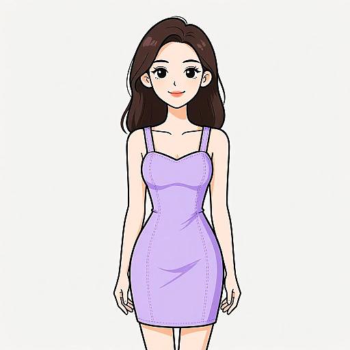 Digital anime-style drawing of a smiling woman with long black hair, wearing a tight, lavender strapless dress, against a white background.