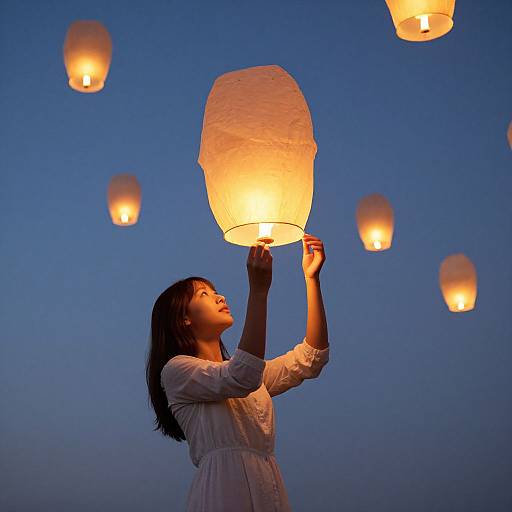 Photograph of an Asian woman with long black hair, wearing a white dress, releasing a glowing paper lantern into a twilight blue sky, surrounded by multiple