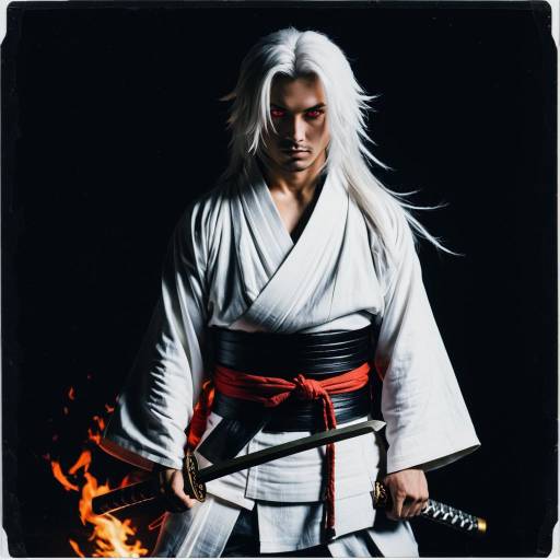 Intense Samurai Cosplayer with Red Eyes and White Hair