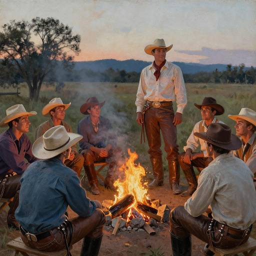 Photograph of six male cowboys in western attire, sitting around a campfire at sunset, with one standing and addressing the group.