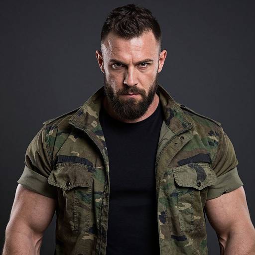 Muscular Bearded Man in Camouflage Jacket