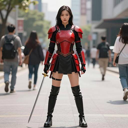 Asian Woman Warrior in Red and Black Armor Holding Katana
