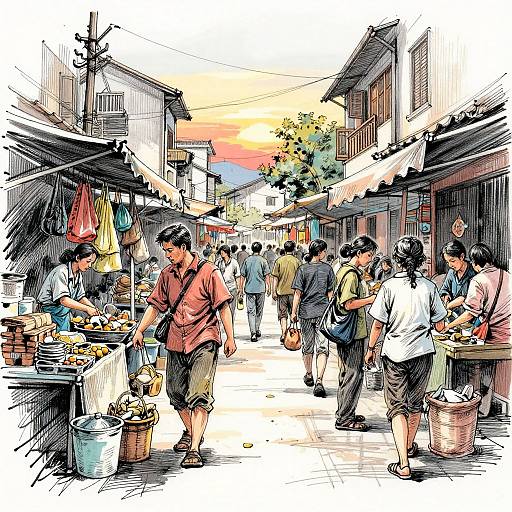 Vibrant Street Market Sketch at Sunset