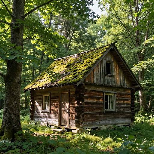Photograph of an old, moss-covered wooden cabin with a slanted roof, nestled in a sunlit, dense forest with tall trees.