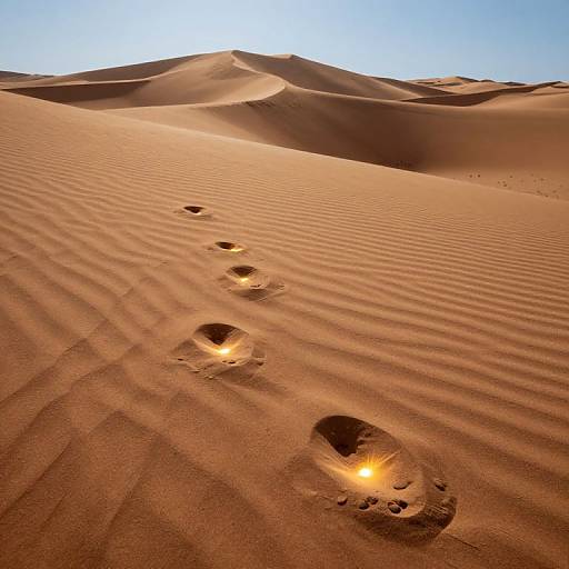 Photograph of a sunlit desert with rippled sand dunes, casting long shadows. A trail of five glowing footprints leads upward, disappearing over
