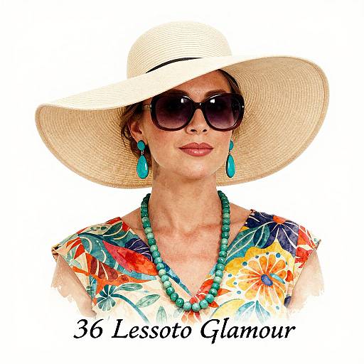 Photograph of a woman in a white sunhat, large black sunglasses, turquoise earrings, beaded necklace, and colorful floral blouse. Text reads 